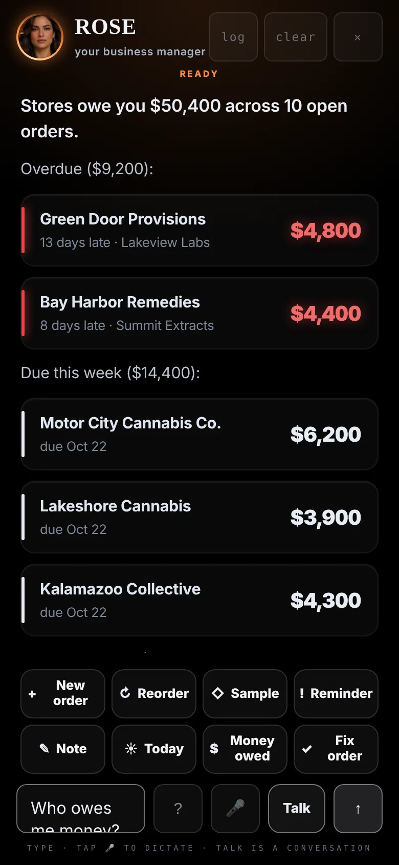 Ask ROSE: who owes me money? Stores owe you $50,400 across 10 open orders