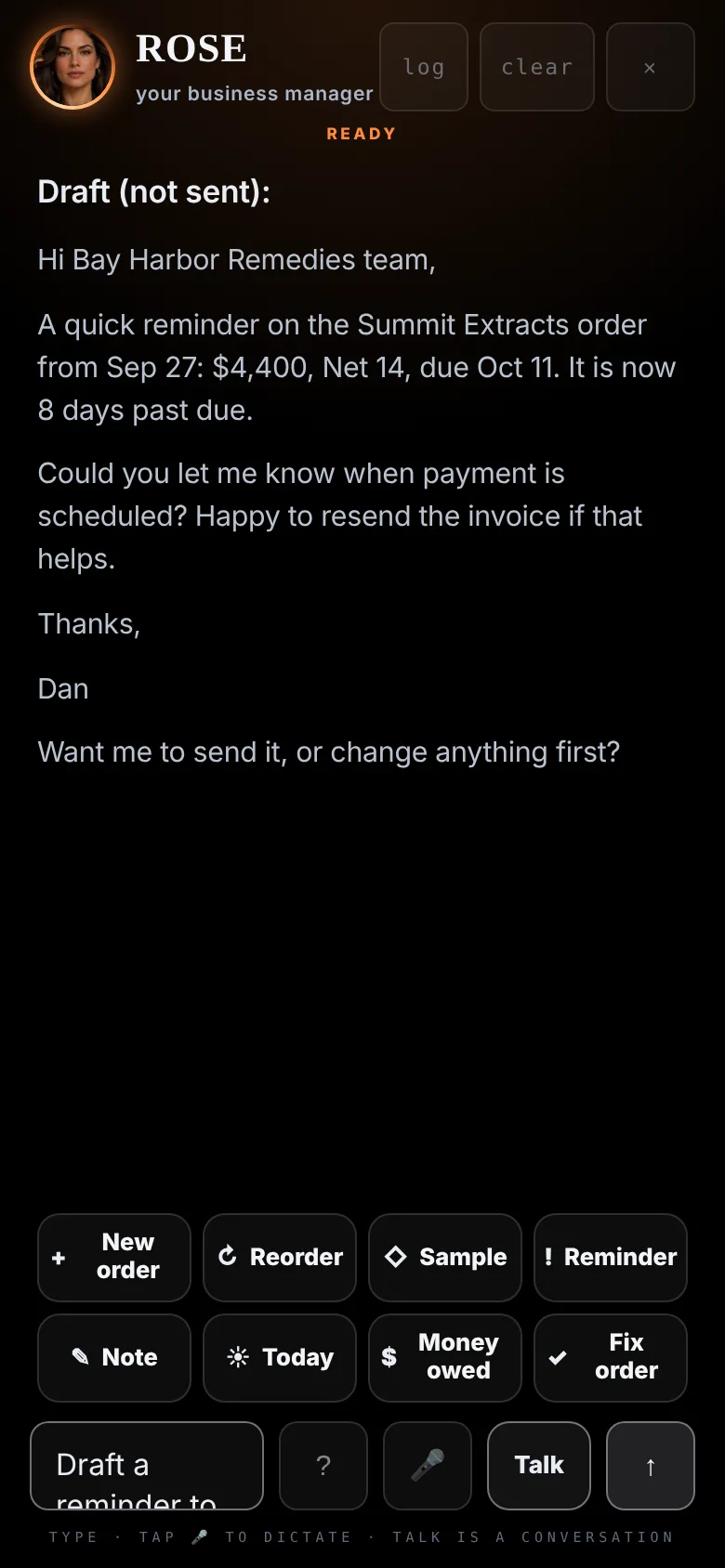 Ask ROSE drafts a payment reminder to Bay Harbor Remedies, marked not sent