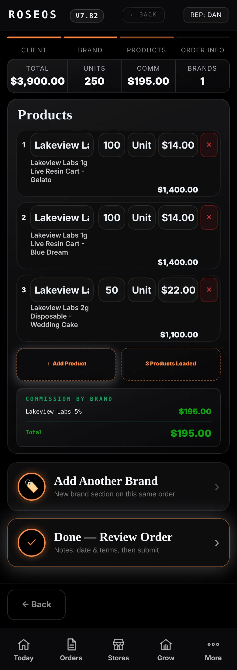 Three Lakeview Labs products loaded, $3,900 total, $195 commission