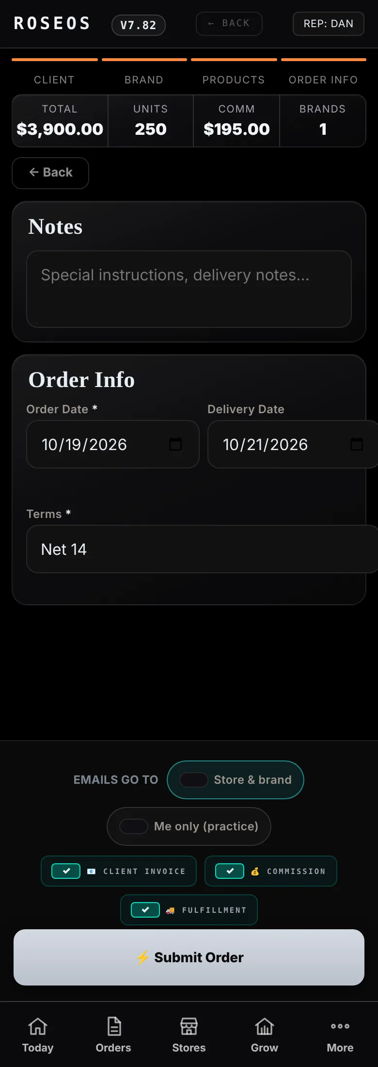 Order review in ROSE OS: Net 14 terms, invoice, commission and fulfillment emails ready to send
